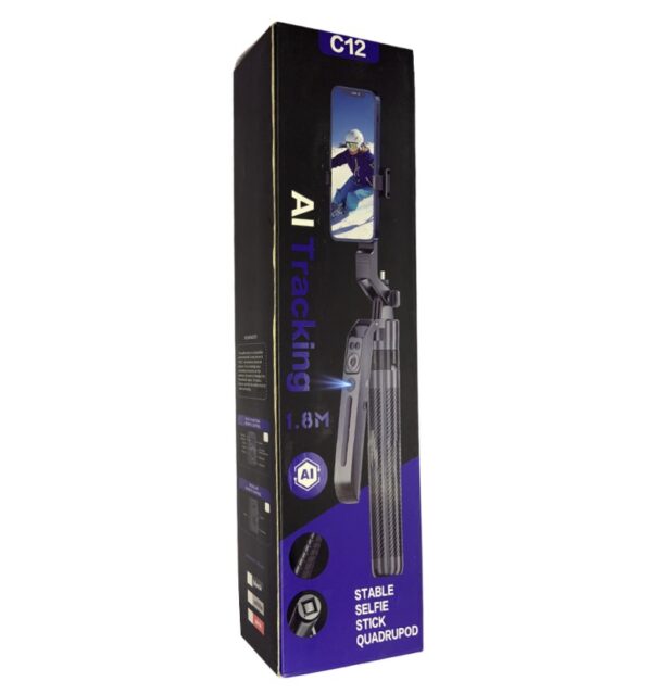 C12 AI Smart Tracking Selfie Stick Tripod – 1.0M Extendable with Bluetooth Remote & Stable Quadrupod